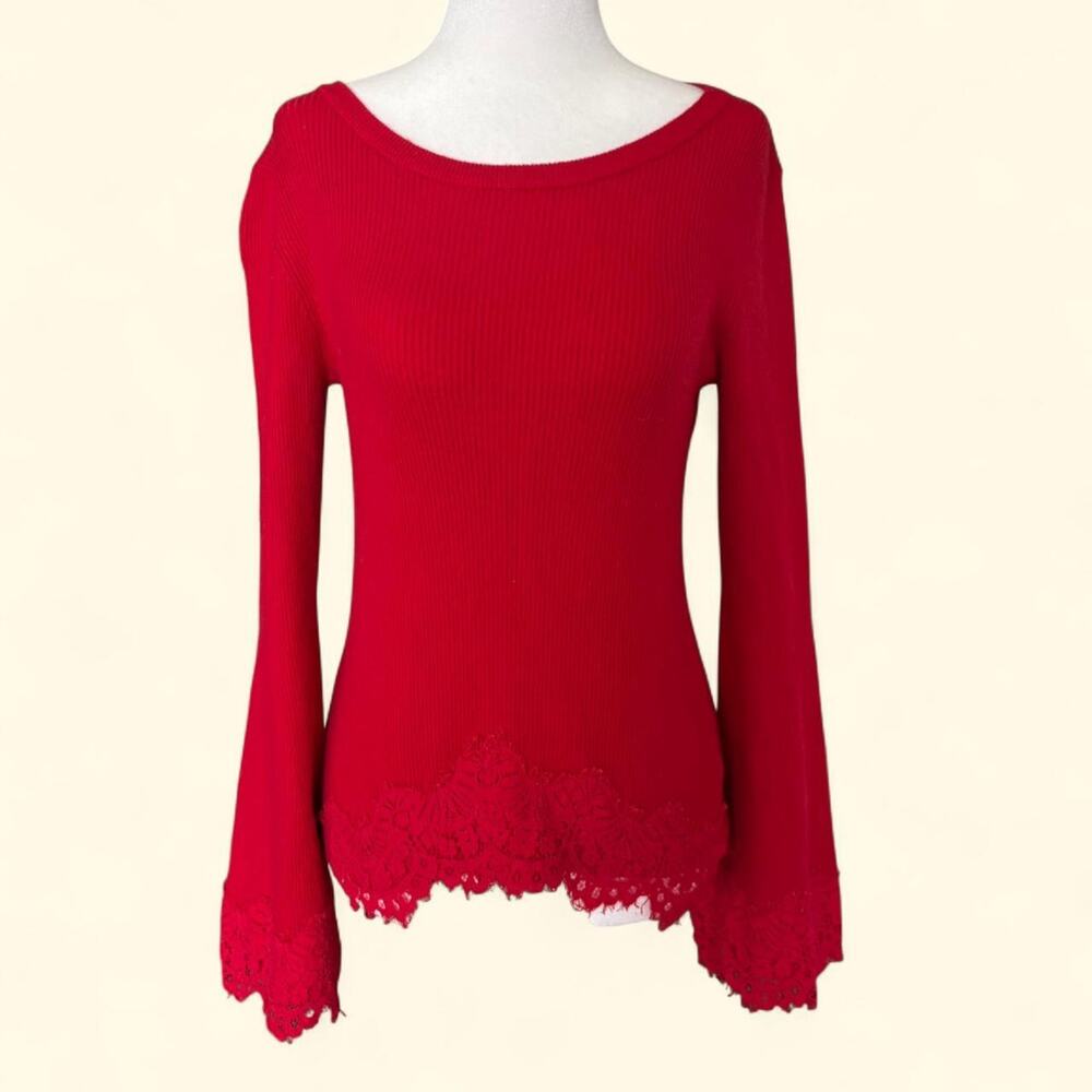 INC Cherry Red Romantic Coquette Lace Bell Sleeve Ribbed Top